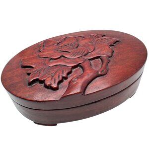 Hand-Carved Teak Wood Floral Puzzle Box 3D Intricate Flower Design Oval 5" Vtg